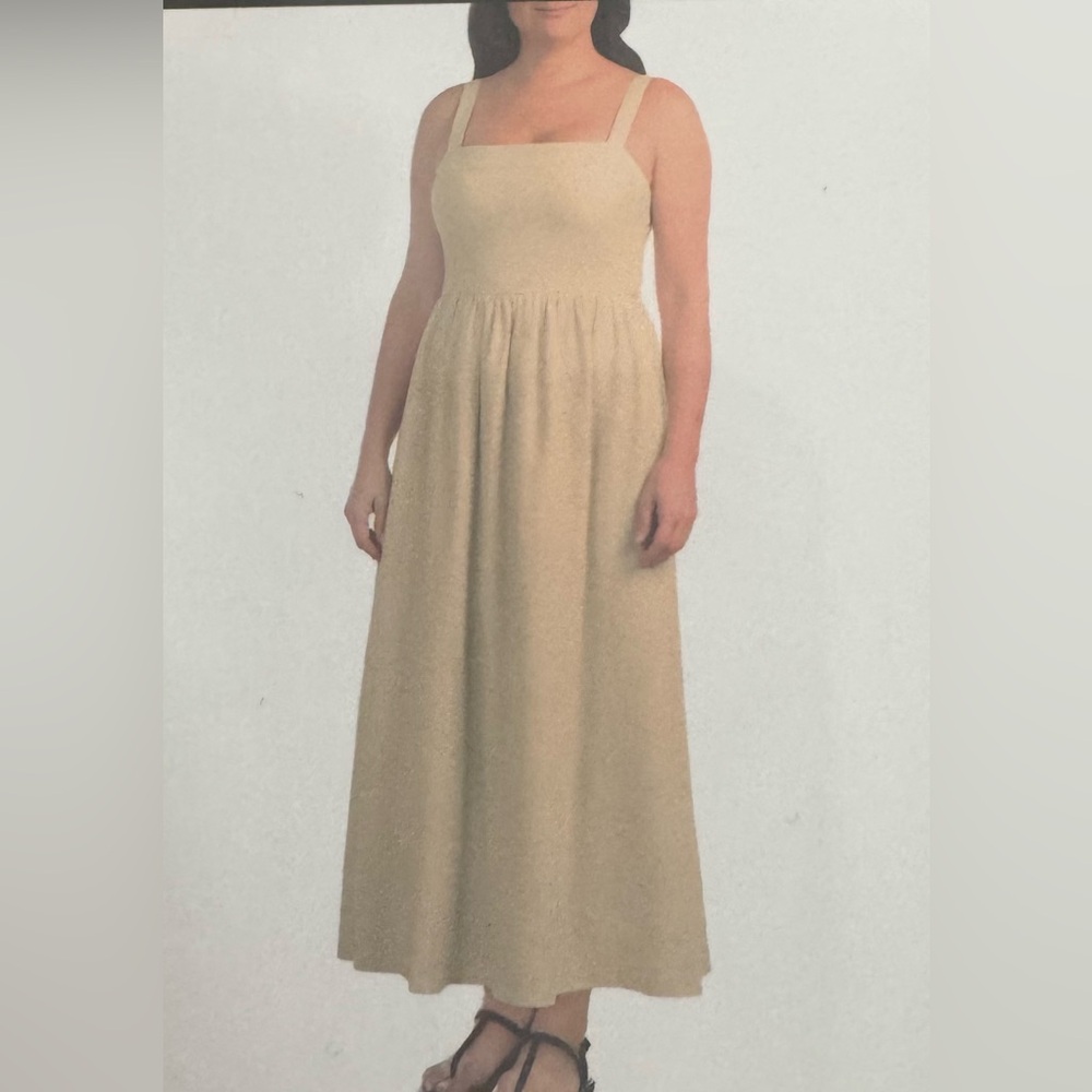 Dalia Square-Neck linen Cream Maxi Dress smocked back size S NWT